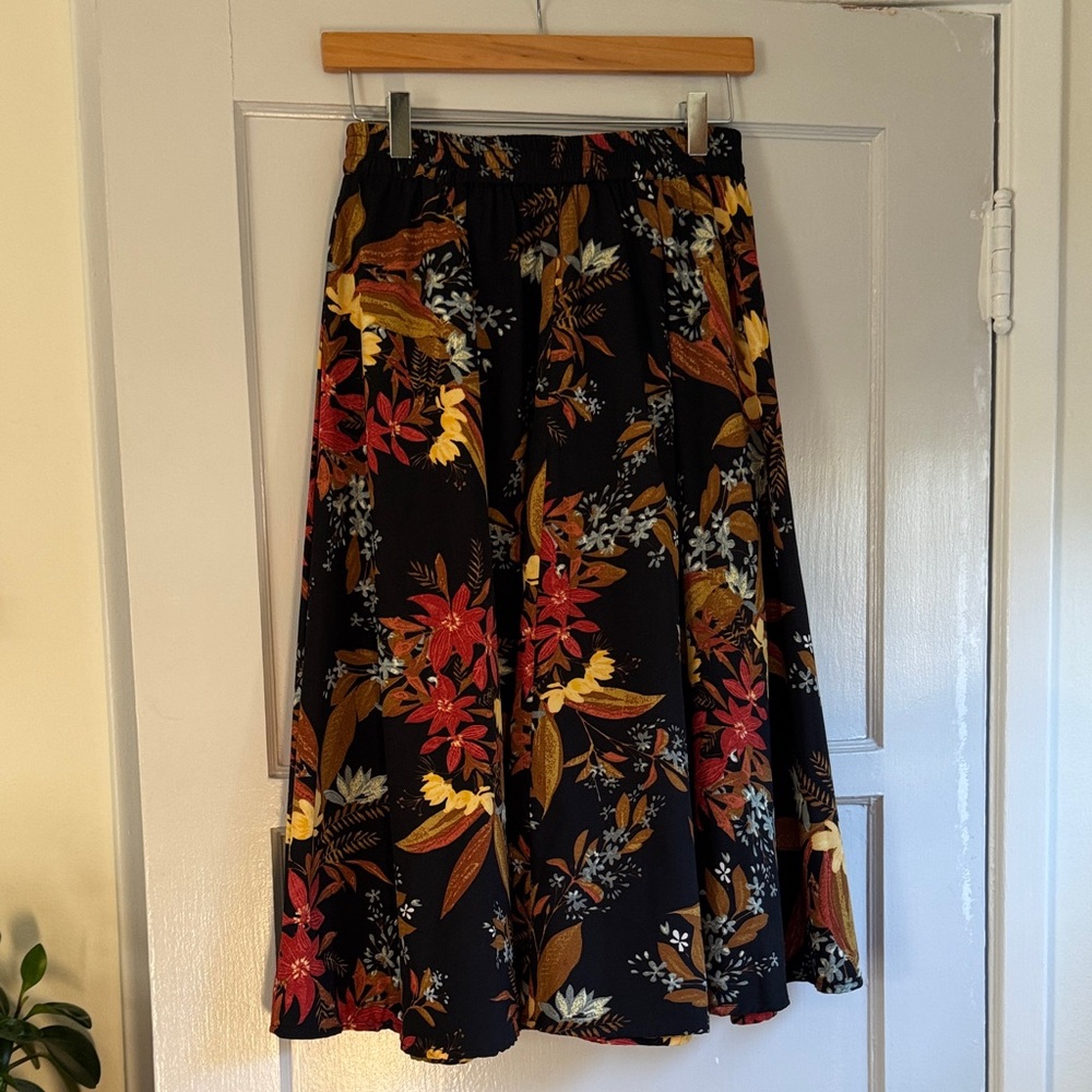 Full A-Line Skirt in Black and Red Florals with Elastic Waist